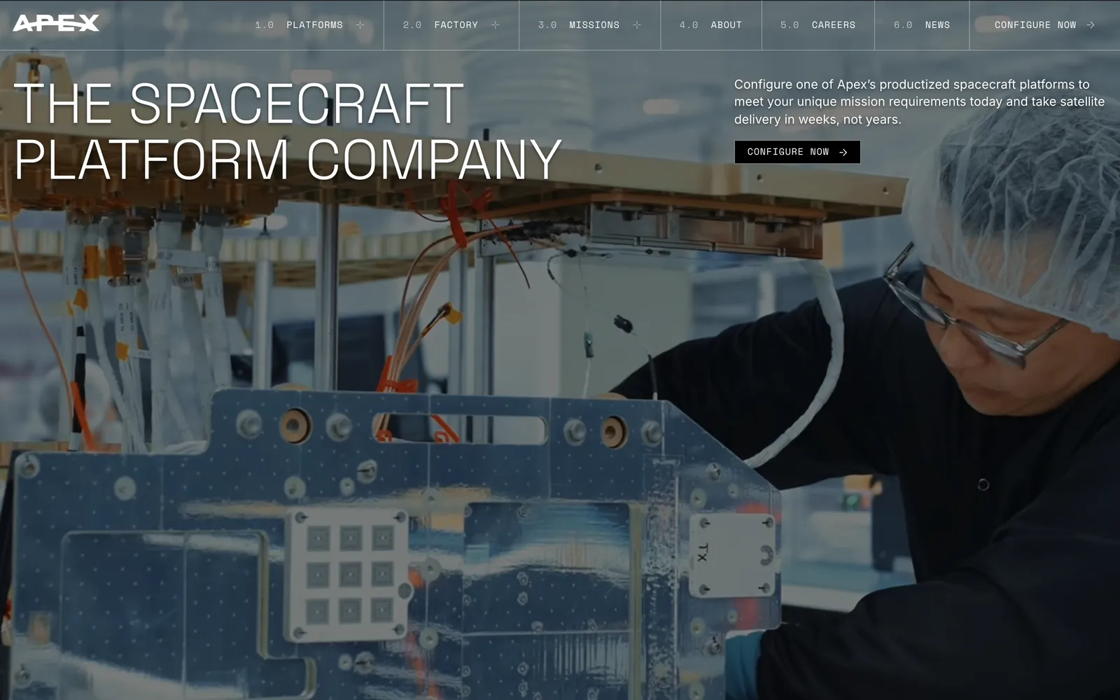 The Apex homepage: technicians building satellite hardware on the factory floor behind the headline The Spacecraft Platform Company, with a numbered menu and a Configure Now button.