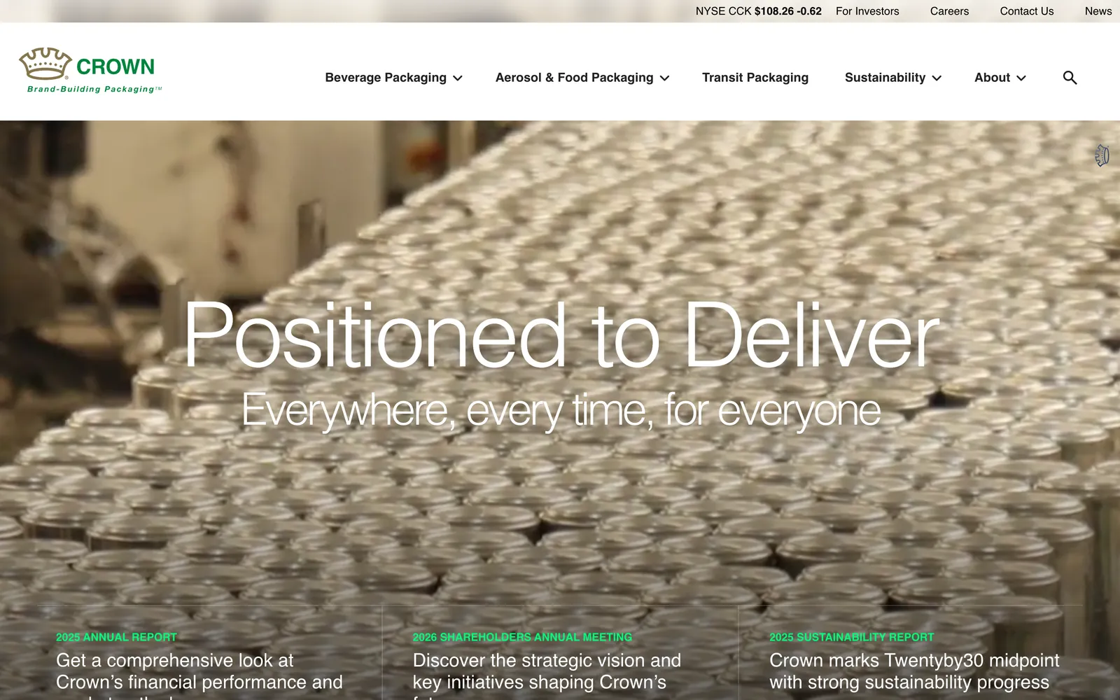 The Crown homepage: beverage cans on a production line behind the headline Positioned to Deliver, with the share price and investor links in the top bar.