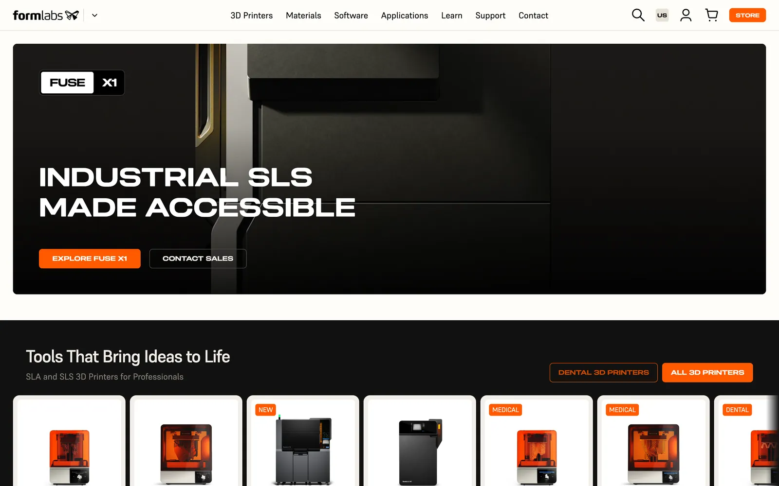 The Formlabs homepage: a Fuse X1 banner with Explore and Contact Sales buttons, and below it a row of 3D printers tagged by use, such as Medical and Dental.