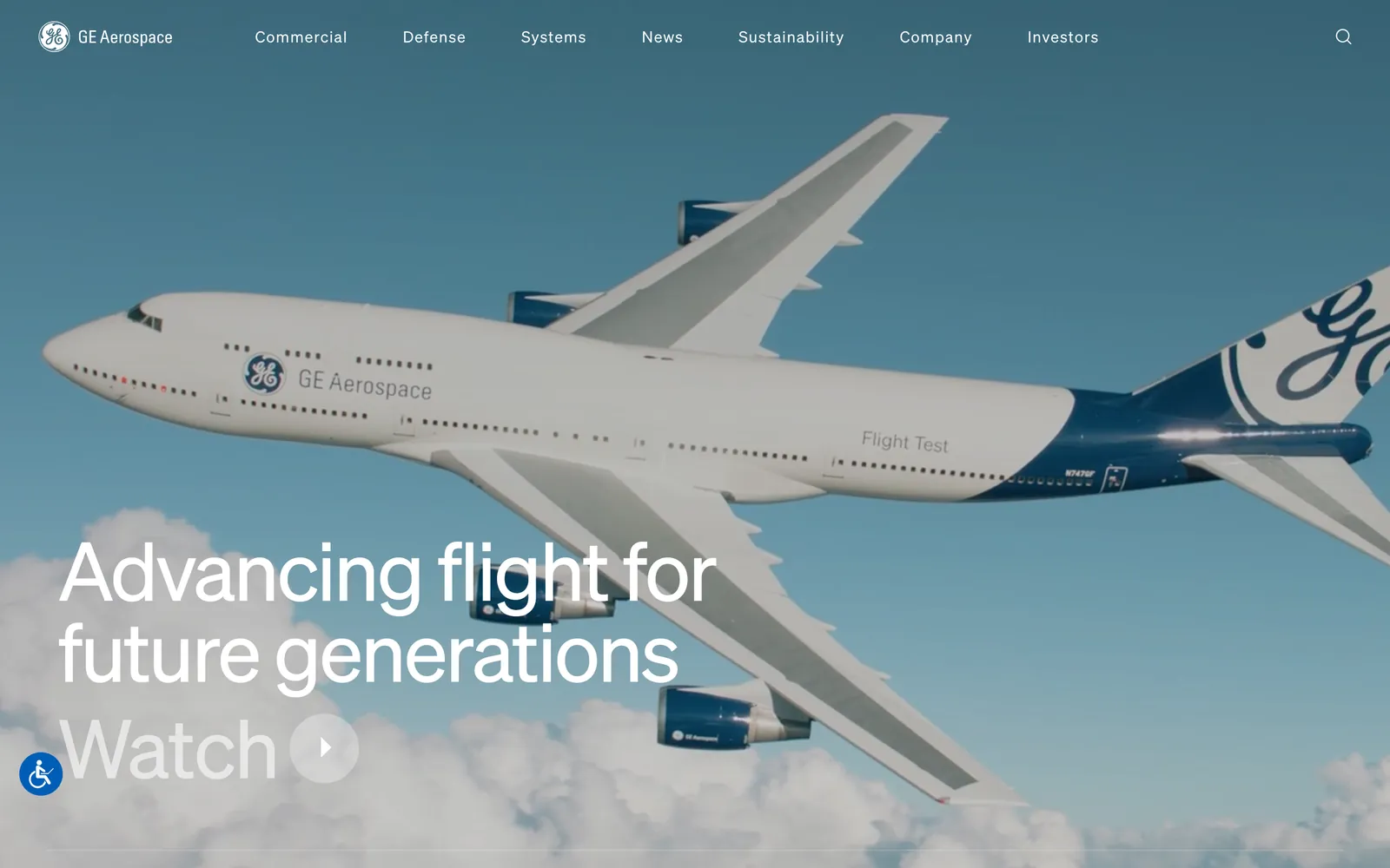 The GE Aerospace homepage: a GE Aerospace flight test 747 above the clouds behind the headline and a Watch button, with the Commercial, Defense and Systems menu across the top.