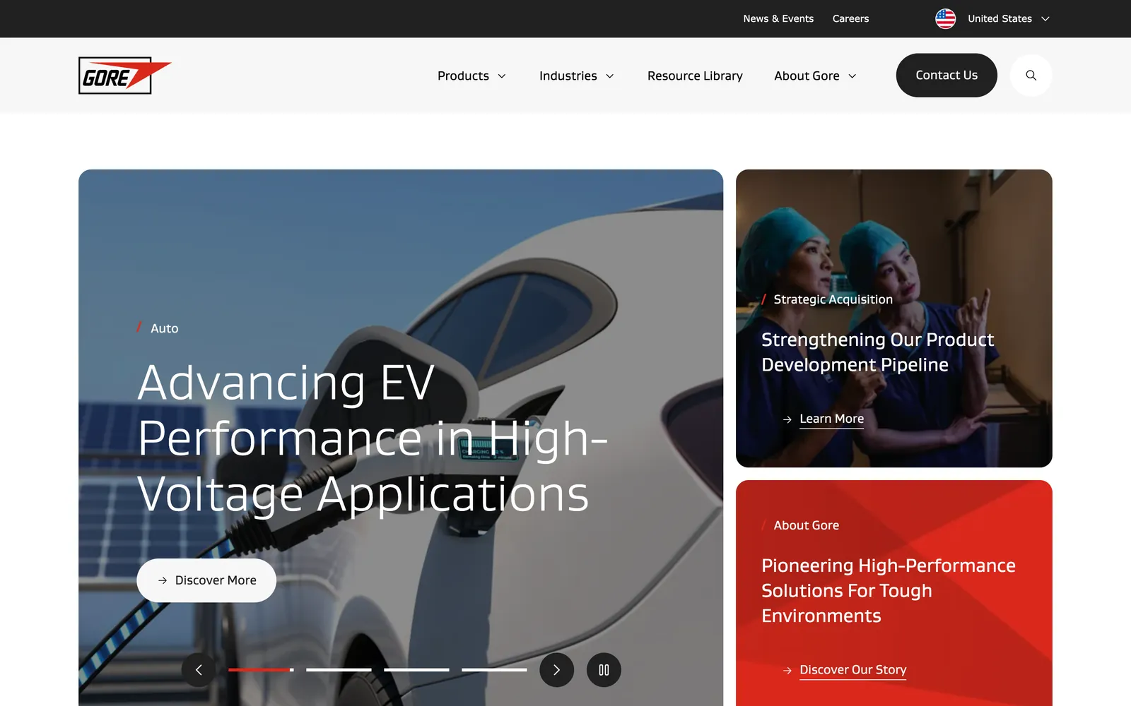 The Gore homepage: a carousel story on electric vehicles beside two smaller tiles, under a menu of Products, Industries, Resource Library and About Gore.