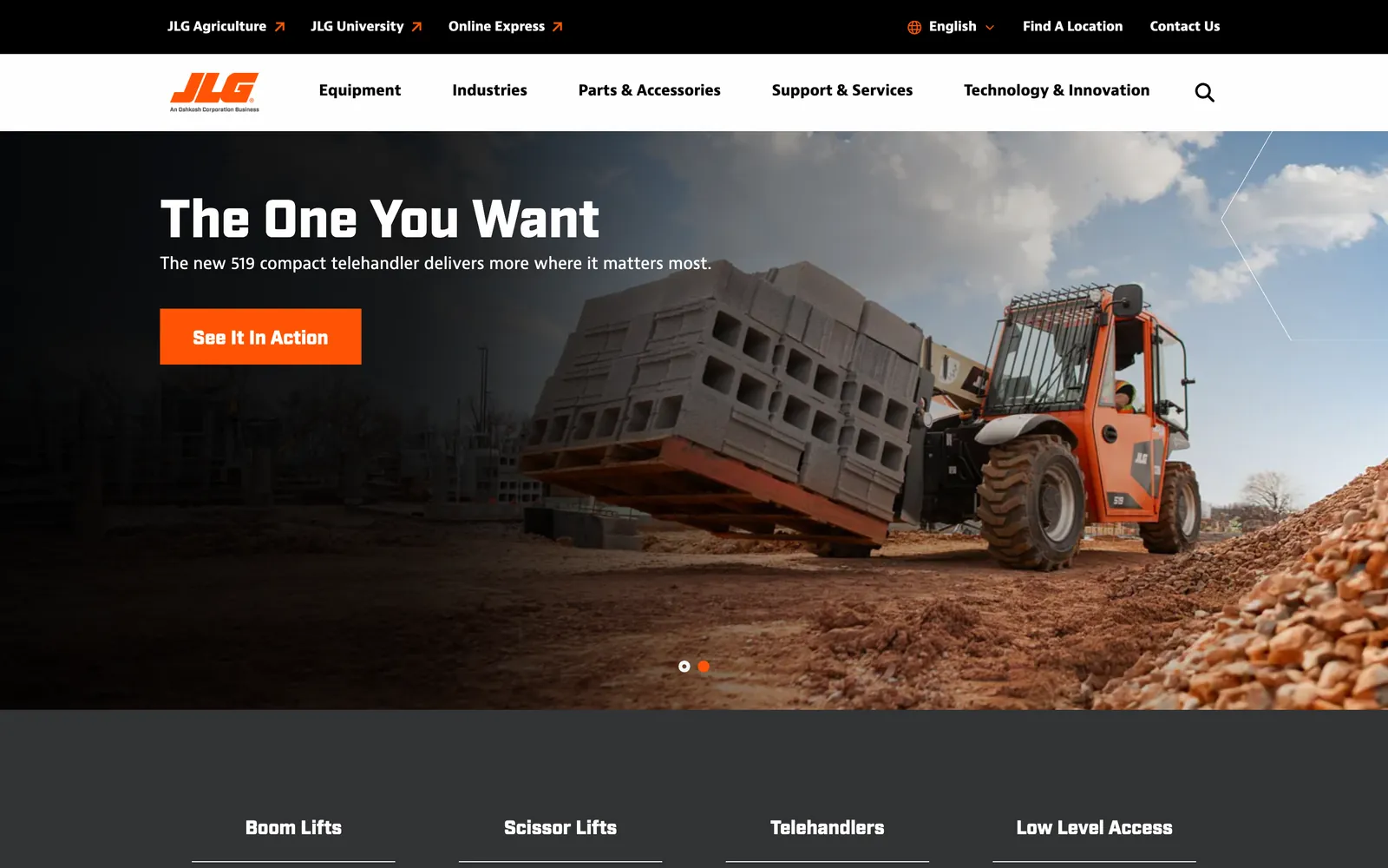 The JLG homepage: an orange JLG telehandler lifting a pallet of bricks, with the headline The One You Want and an orange button.