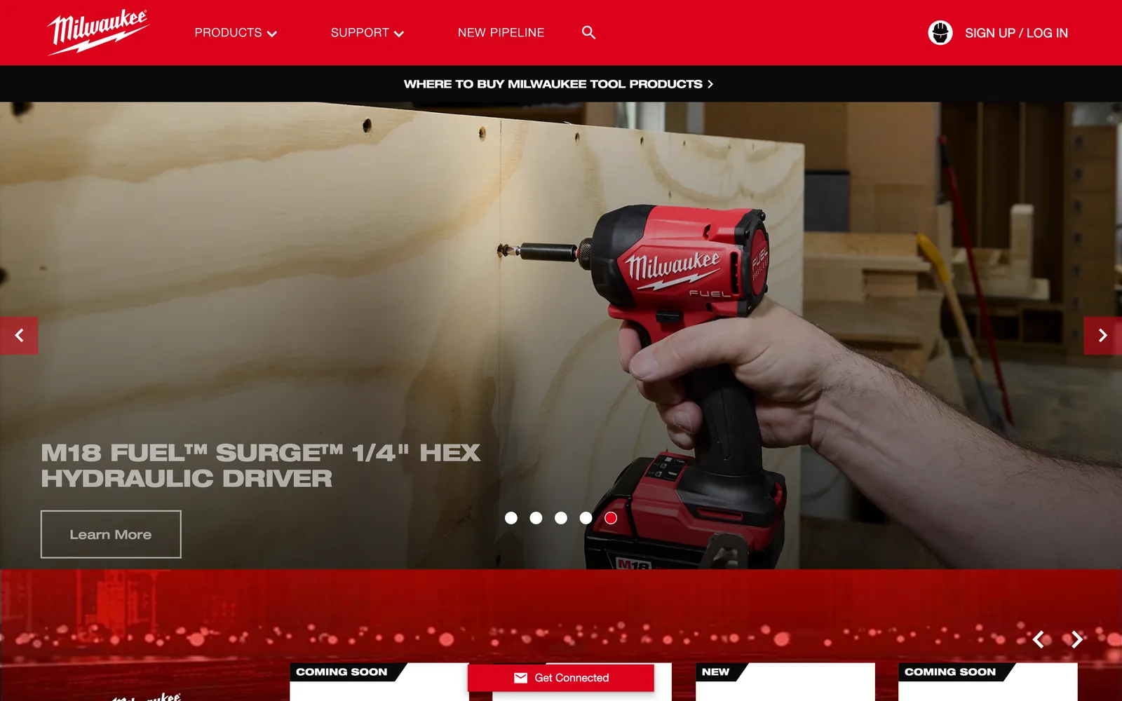 The Milwaukee Tool homepage: a red impact driver in use in a carousel, under a red header and a Where to Buy bar.