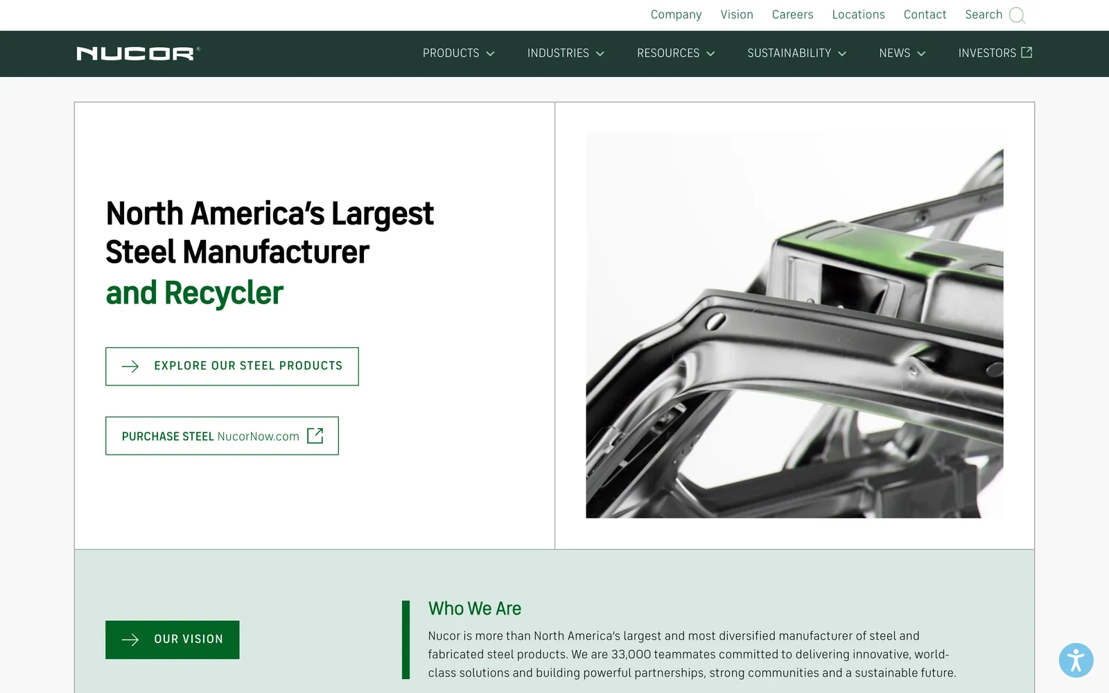 The Nucor homepage: the headline North America's Largest Steel Manufacturer and Recycler beside a steel part, with buttons to explore steel products and to purchase steel at NucorNow.com.