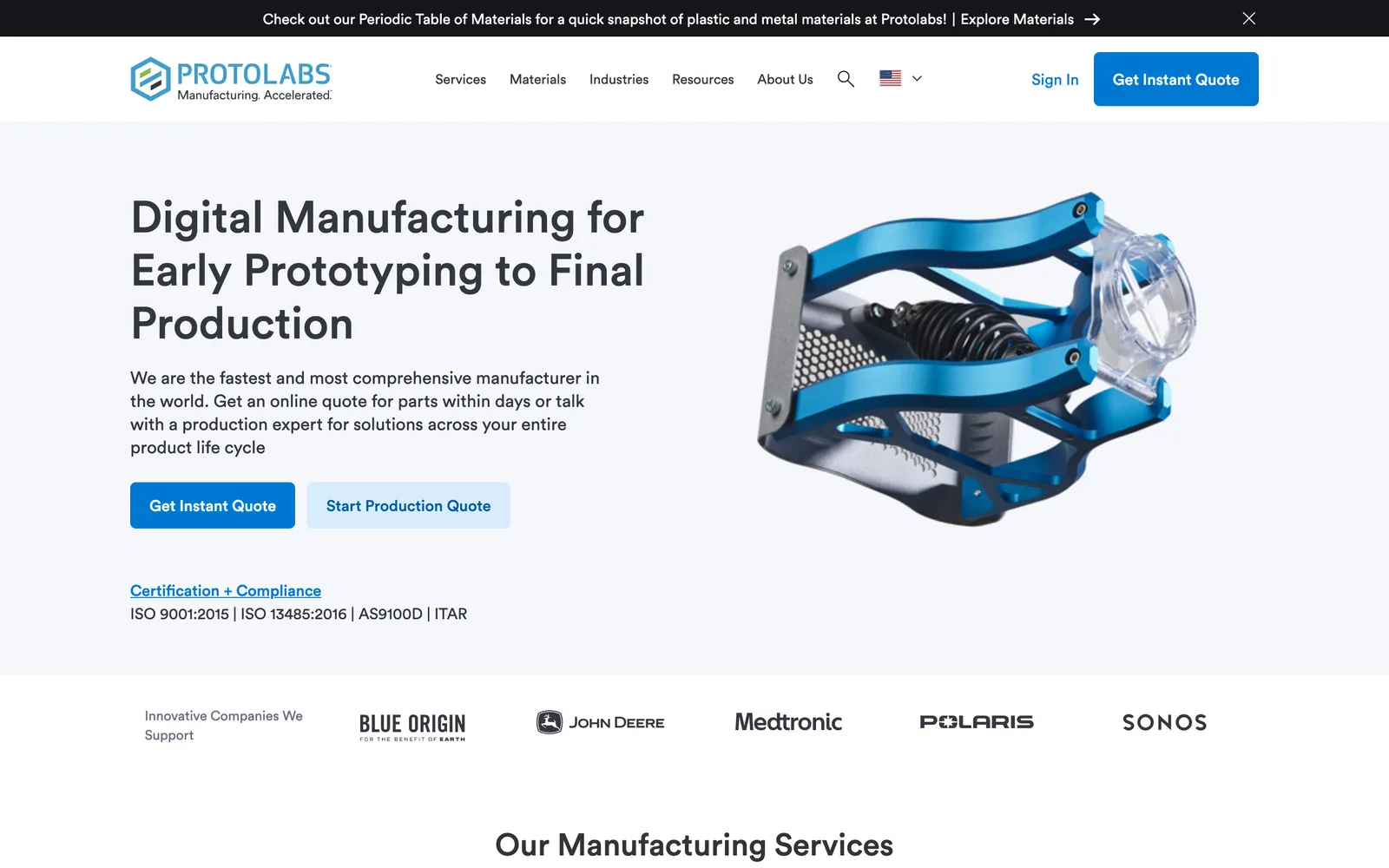 The Protolabs homepage: a blue machined part beside the headline, two quote buttons, a certifications line and customer logos, with Get Instant Quote in the header.