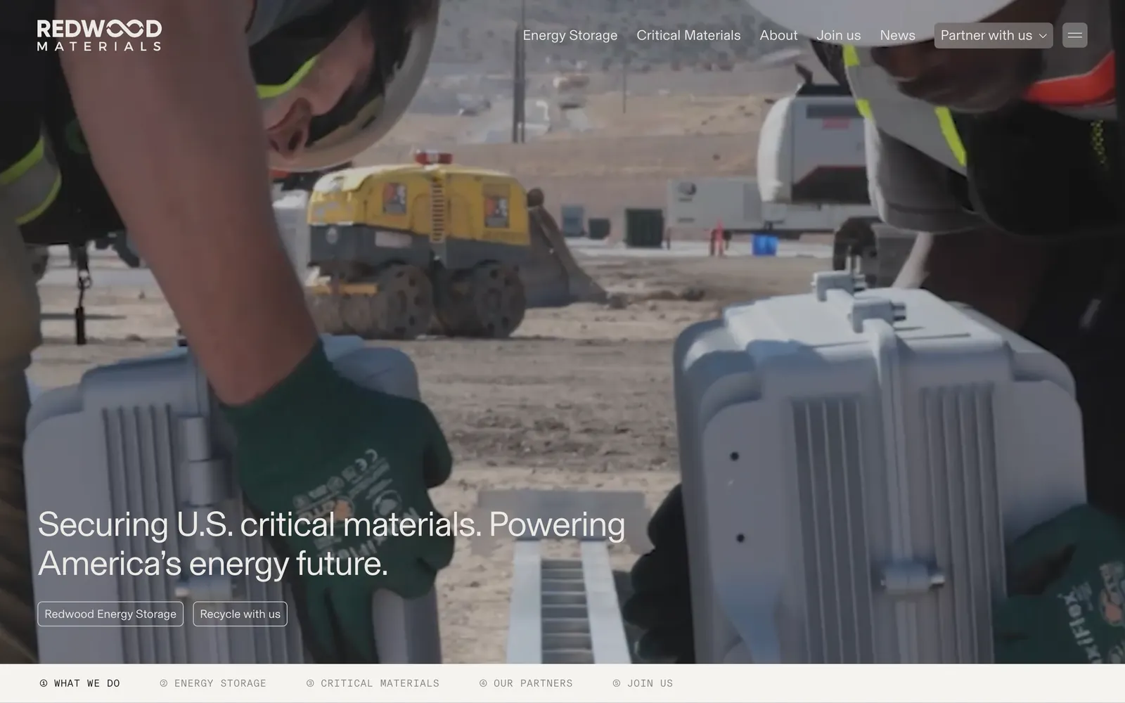 The Redwood Materials homepage: a worker handling battery packs on site, two buttons for energy storage and recycling, and a section index along the bottom.