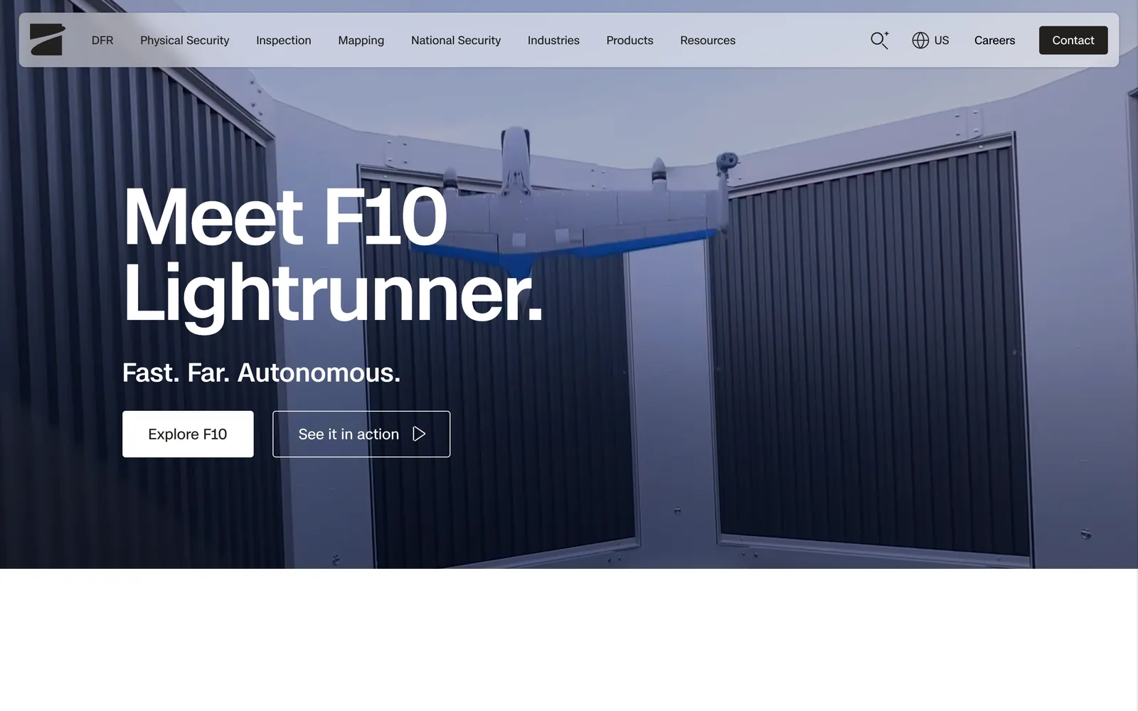 The Skydio homepage: the F10 Lightrunner drone in its dock under the headline Meet F10 Lightrunner, with a menu of DFR, Physical Security, Inspection, Mapping and National Security.