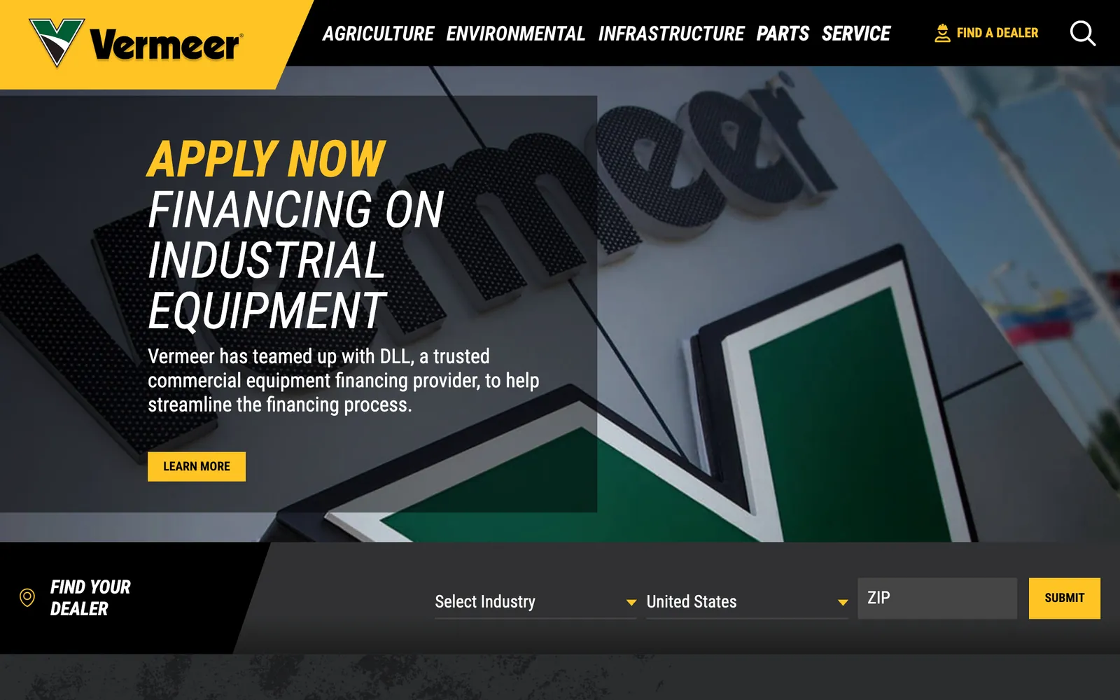 The Vermeer North America homepage: a yellow and black header, a financing banner and a Find Your Dealer bar with industry, country and ZIP fields.