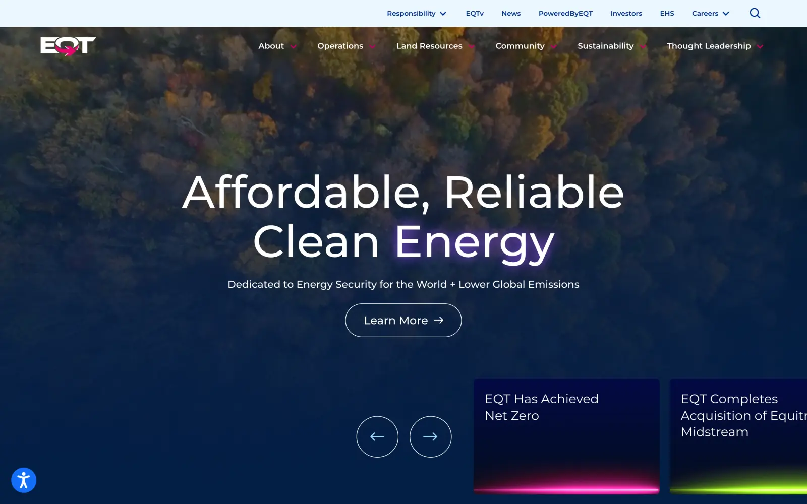 The EQT homepage: aerial video of autumn forest behind the headline Affordable, Reliable Clean Energy, with story cards edged in neon pink and green light.