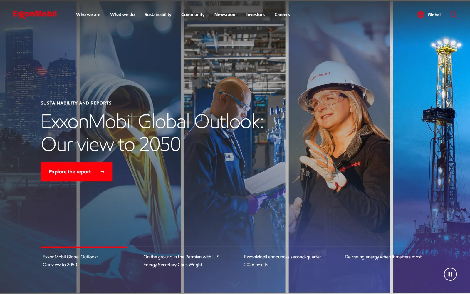 The ExxonMobil homepage: tall photo panels of a city skyline, a refinery technician, a crew member in a hard hat and a lit drilling rig behind the headline ExxonMobil Global Outlook: Our view to 2050, with a strip of four stories and a pause button.
