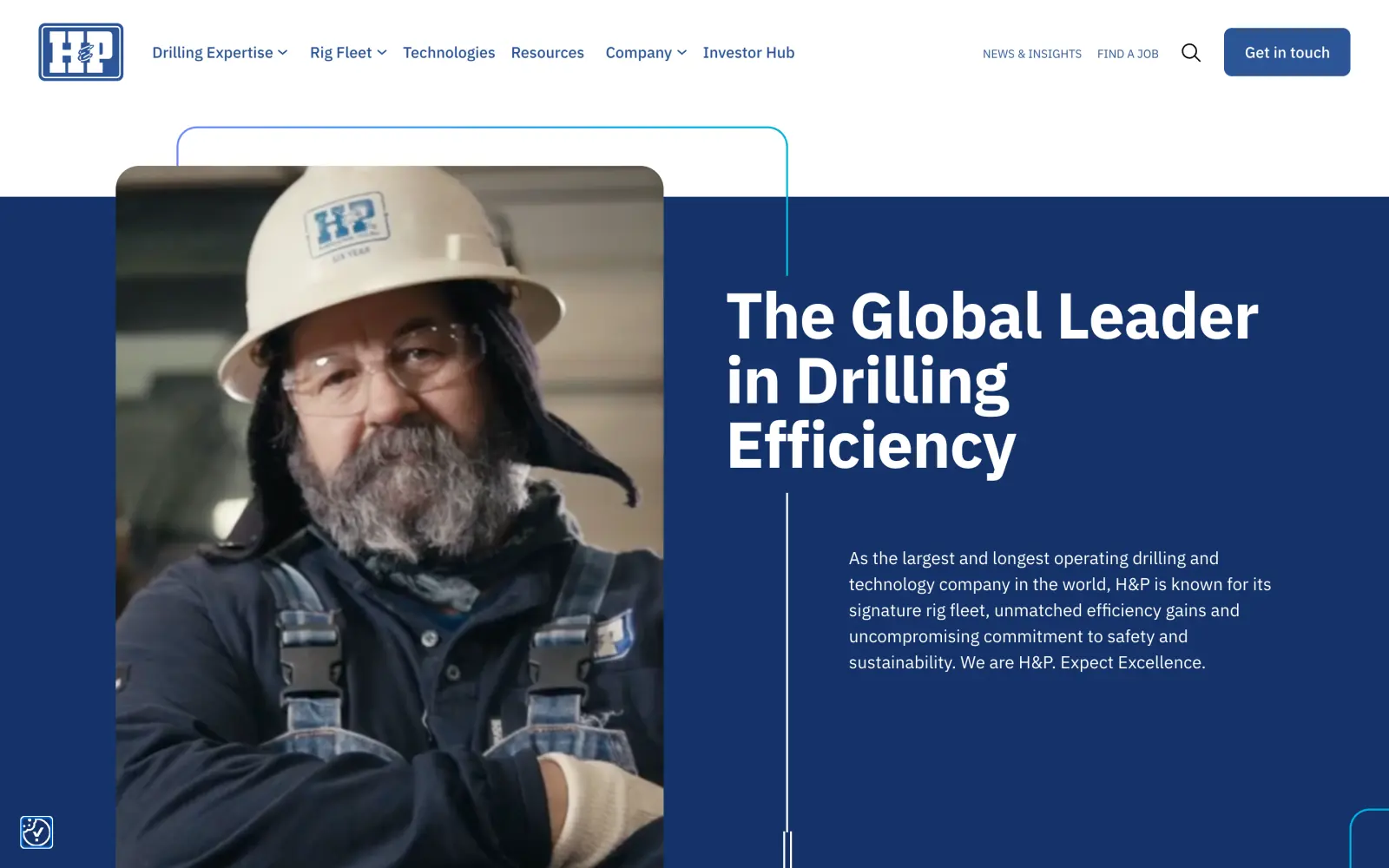 The Helmerich & Payne homepage: a rig hand in a white H&P hard hat, framed in a rounded card beside the headline The Global Leader in Drilling Efficiency, under a menu of Drilling Expertise, Rig Fleet, Technologies, Resources, Company and Investor Hub.