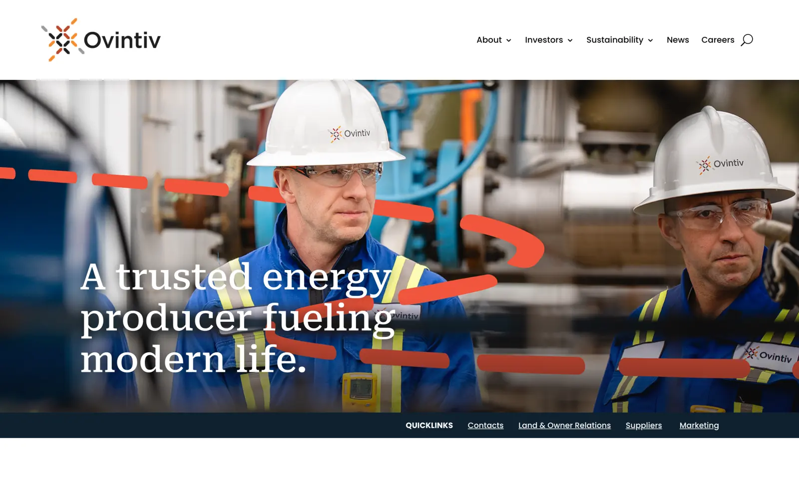 The Ovintiv homepage: two crew members in Ovintiv hard hats behind a serif headline, with orange brush lines across the photo and a Quicklinks bar for Contacts, Land & Owner Relations, Suppliers and Marketing.