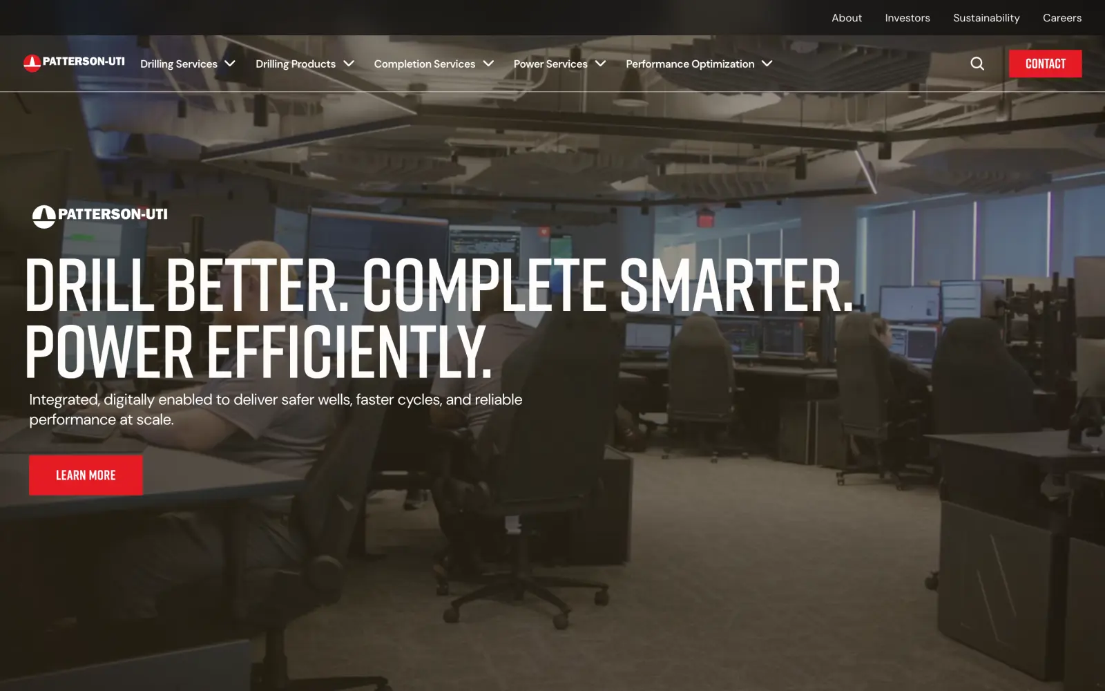 The Patterson-UTI homepage: the headline Drill better. Complete smarter. Power efficiently. in tall capitals over a control room full of screens, under a menu split into drilling, completion, power and performance services.