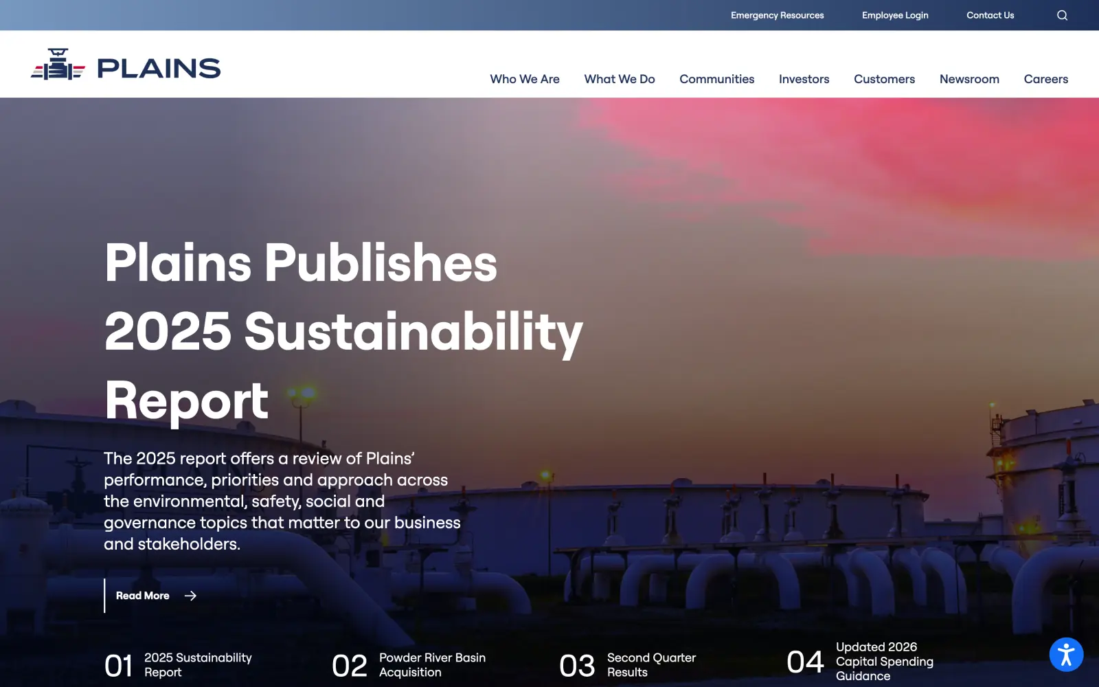 The Plains All American homepage: storage tanks and pipework at dusk behind the headline Plains Publishes 2025 Sustainability Report, with Emergency Resources in the top bar and a numbered strip of four stories.