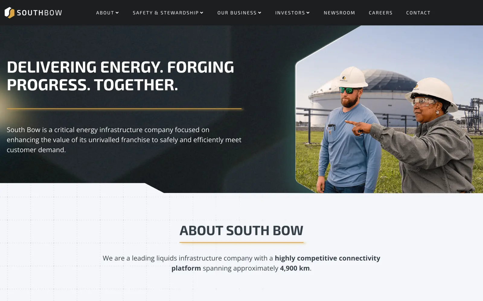 The South Bow homepage: the headline Delivering Energy. Forging Progress. Together. on a dark ground beside a photo of two crew members at a tank terminal cut into a hexagon, with the length of its pipeline network below.
