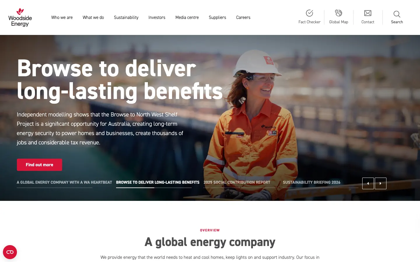 The Woodside Energy homepage: a crew member in orange coveralls and a hard hat behind the headline Browse to deliver long-lasting benefits, with Fact Checker, Global Map, Contact and Search in the header and tabbed stories below.