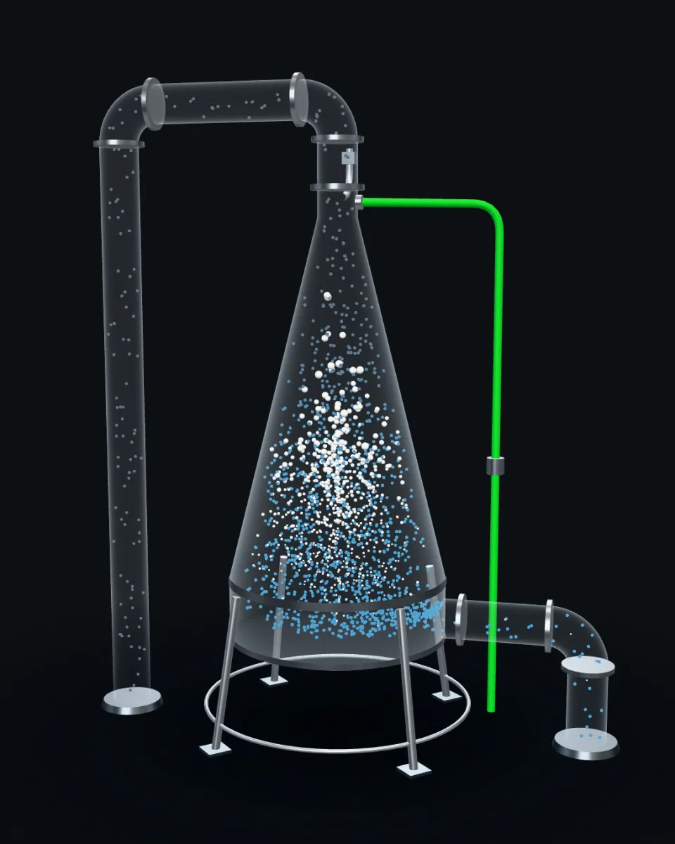 A see-through Speece Cone on its frame: water comes in at the narrow top, a swarm of oxygen bubbles hangs halfway down, and blue oxygen-rich water leaves near the bottom.