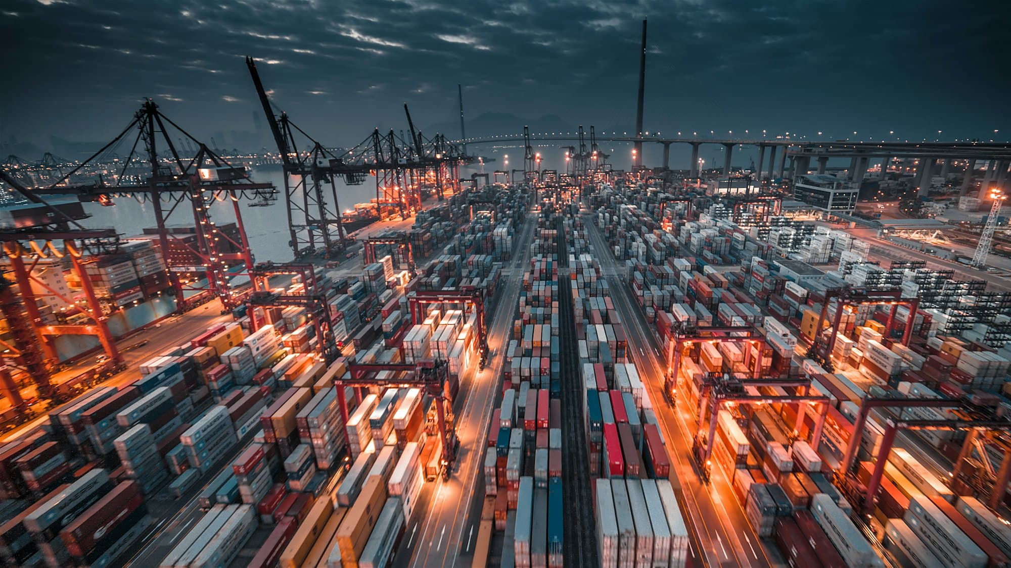 A container terminal seen from the air at dusk
