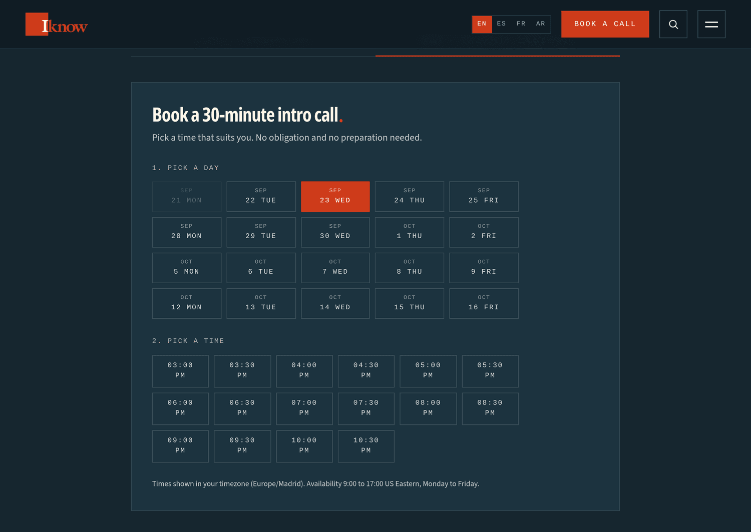 Iknow booking flow: pick a day, then a time