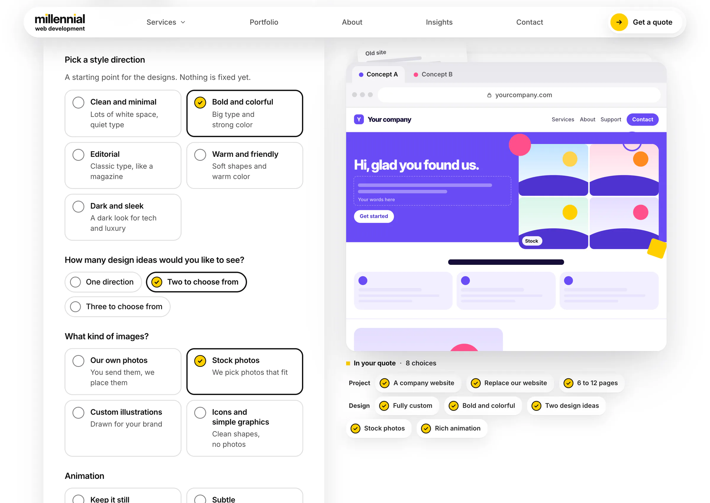 The agency's quote builder: style choices on the left and a sketch of the site in the bold style on the right