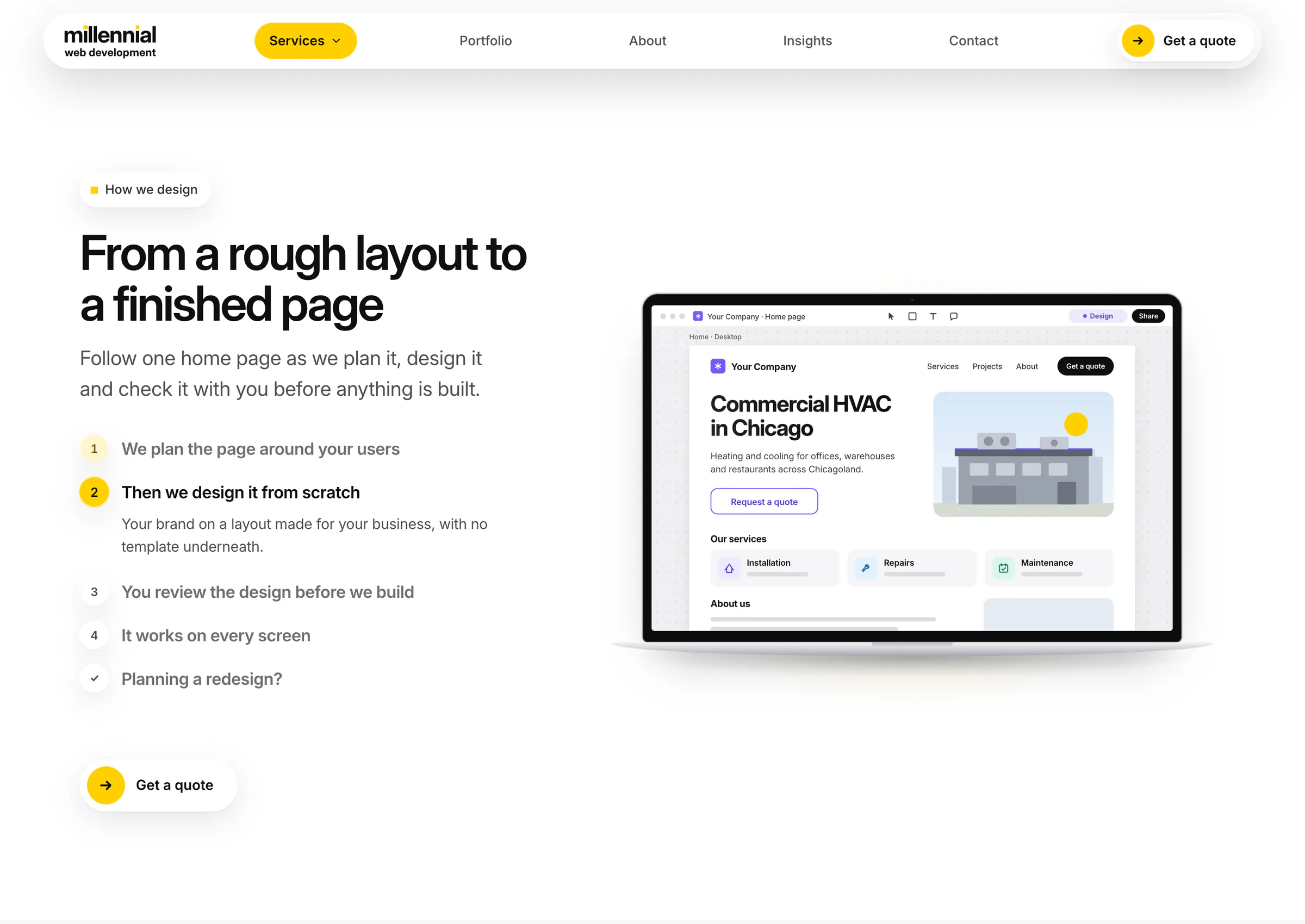 The agency's design story: a laptop showing a home page design for a sample HVAC company, beside the steps of the design process