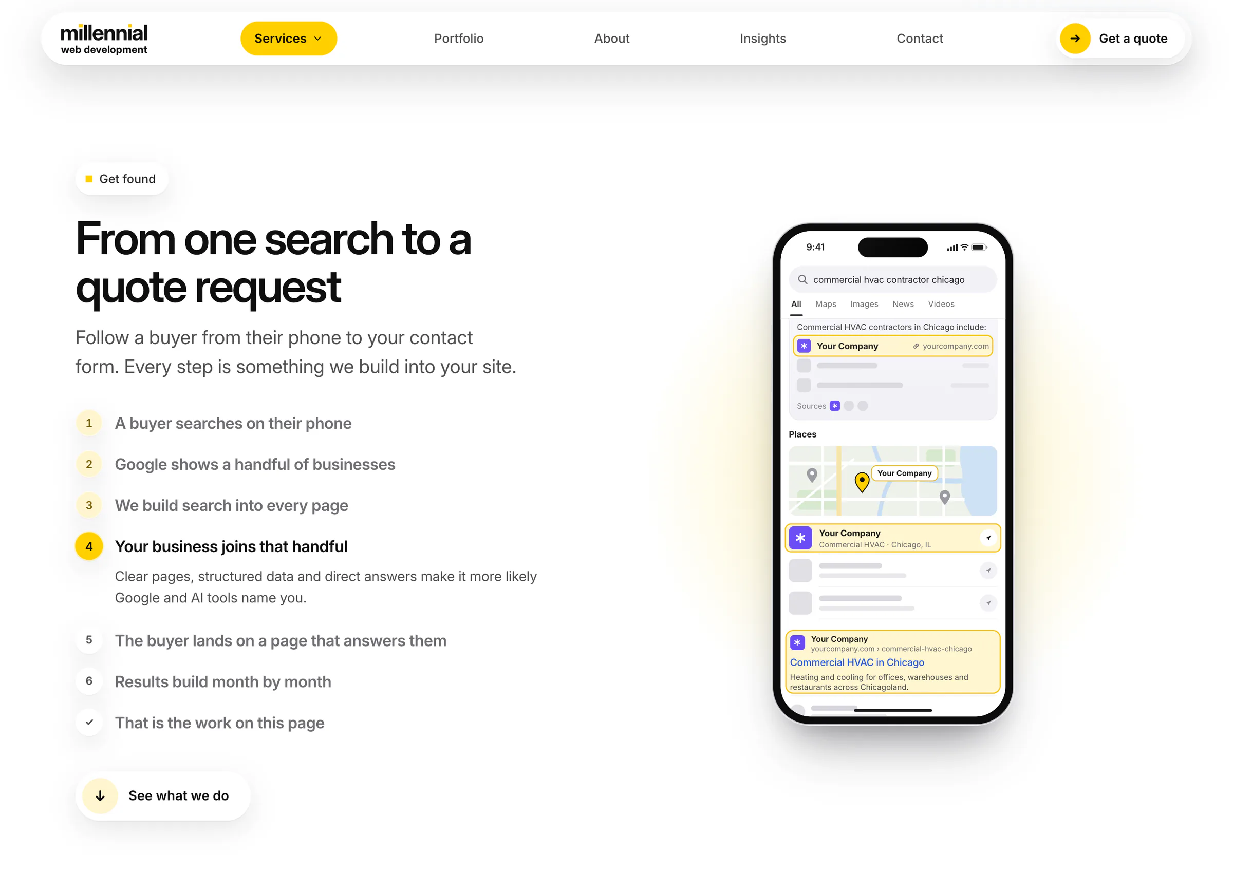The agency's search story: a phone showing Google results for a commercial HVAC search, beside seven numbered steps