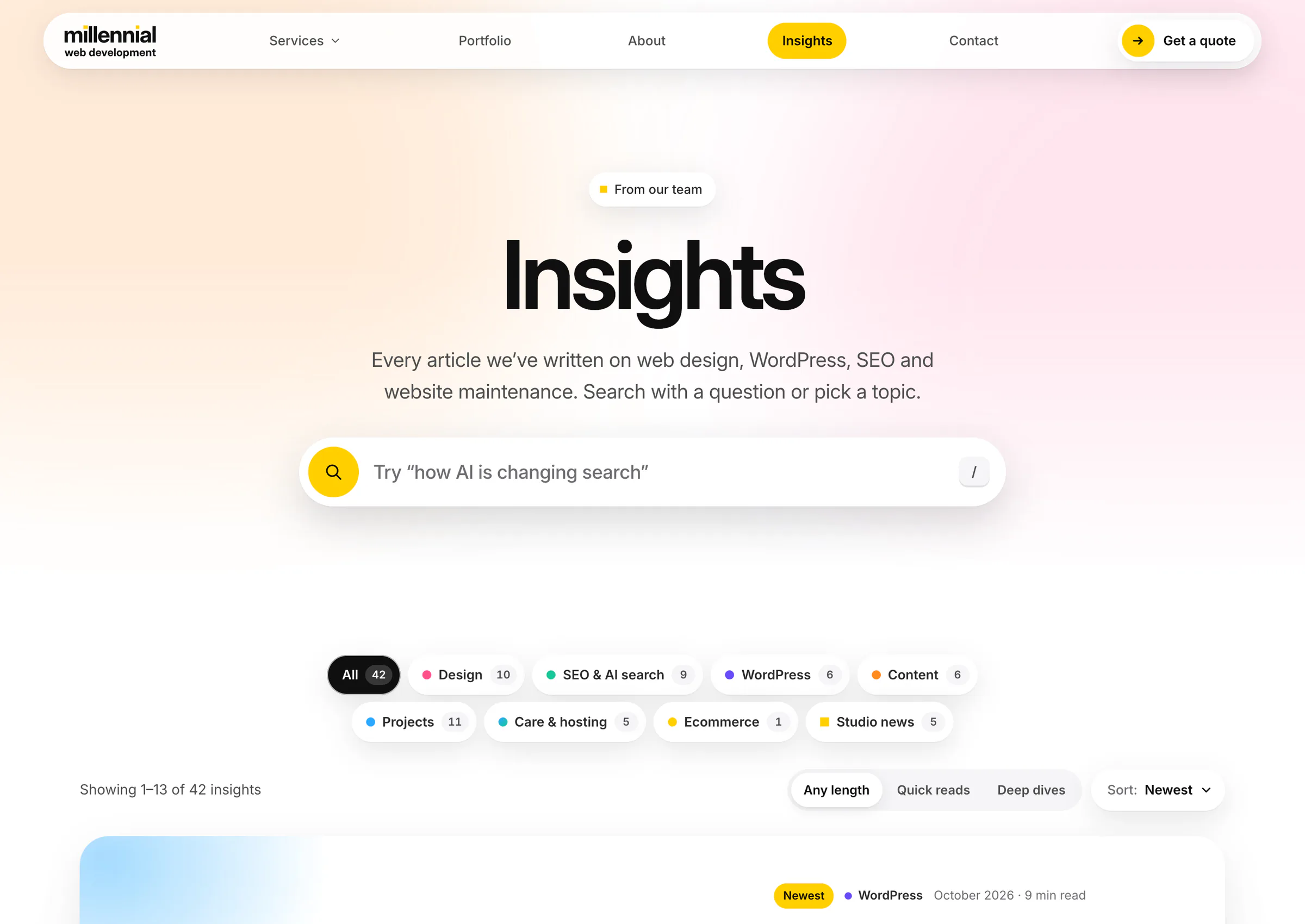 The agency's insights page: a large search box and topic filters with article counts