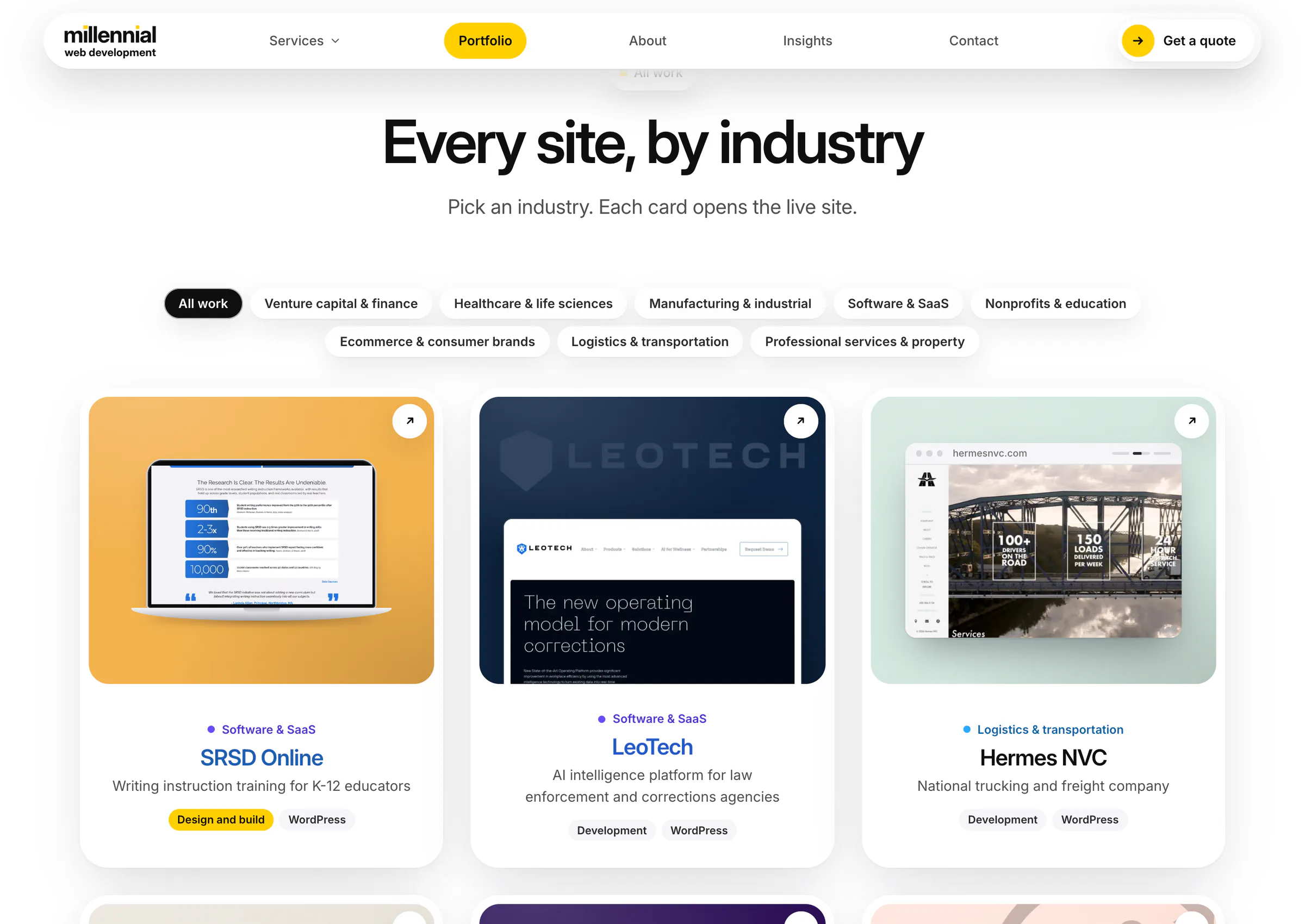 The agency's portfolio: industry filters and client sites shown on laptops and in browser windows